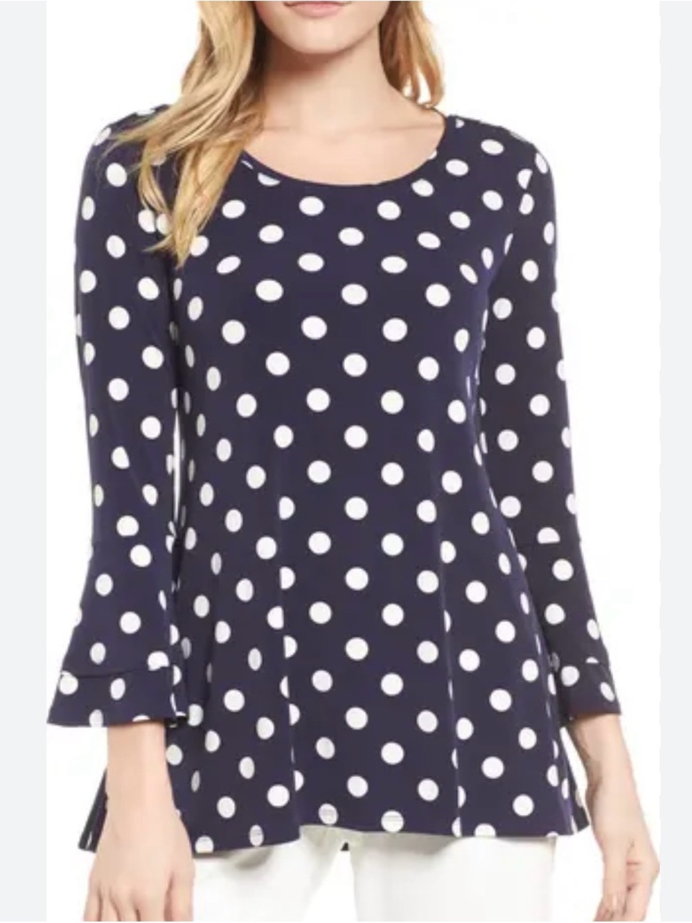 Chaus Navy and White Polka Dot Bell Sleeved Swing Top